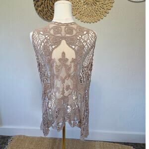 Jastie Mocha Beige Crochet Festival Asymmetrical Open Front Cardigan Womens OS